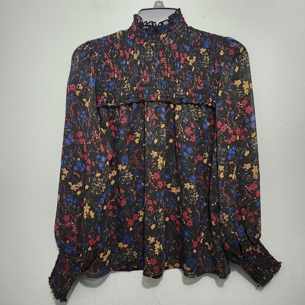 Laundry By Shelli Segal Floral Smocked Blouse - Black, Red, Blue, Yellow Size S